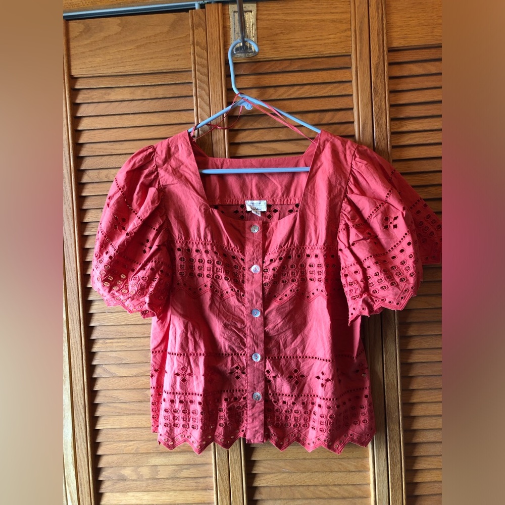 Red Eyelet Button-Front Puff Sleeve Blouse